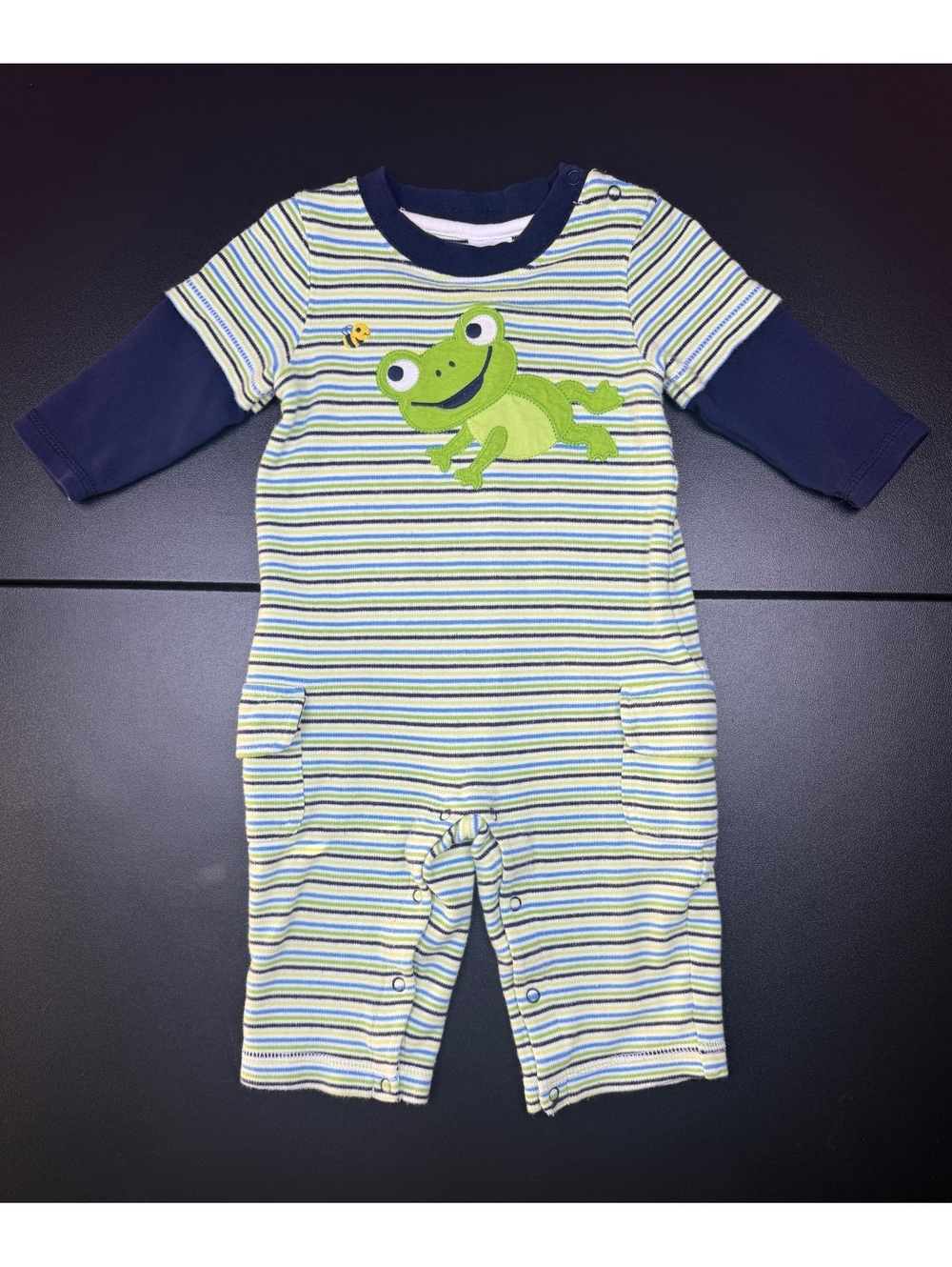 2012 Gymboree Baby 6-12M Frog Romper Ribbit Striped Applique One Piece